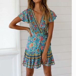 Bohemnian Multi-Printed Ruffle Wrap Dress Size XS